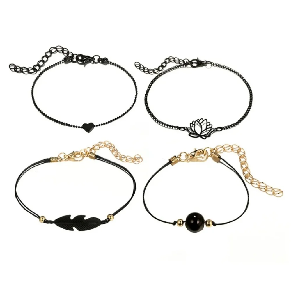4pc Black & Gold Charm Layering Bracelets Feather Lotus Flower Heart Bead - Picture 13 of 13